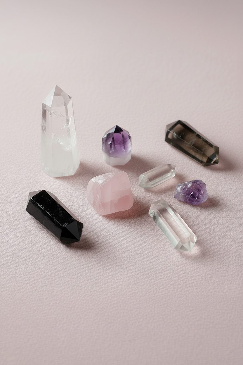 Crystal collection in portrait orientation on soft pink background