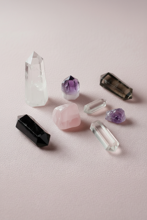 Crystal collection in portrait orientation on soft pink background