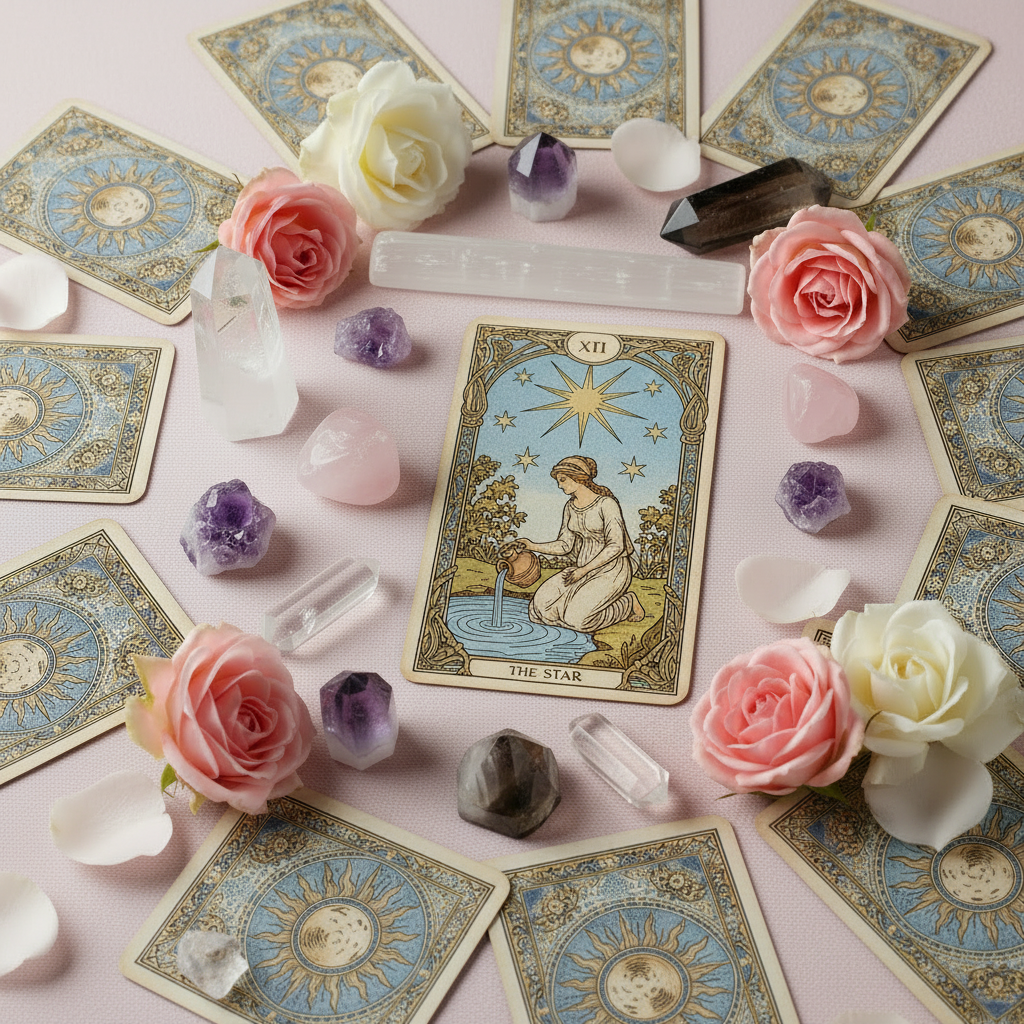 The Star tarot card landscape flat lay with crystals and roses