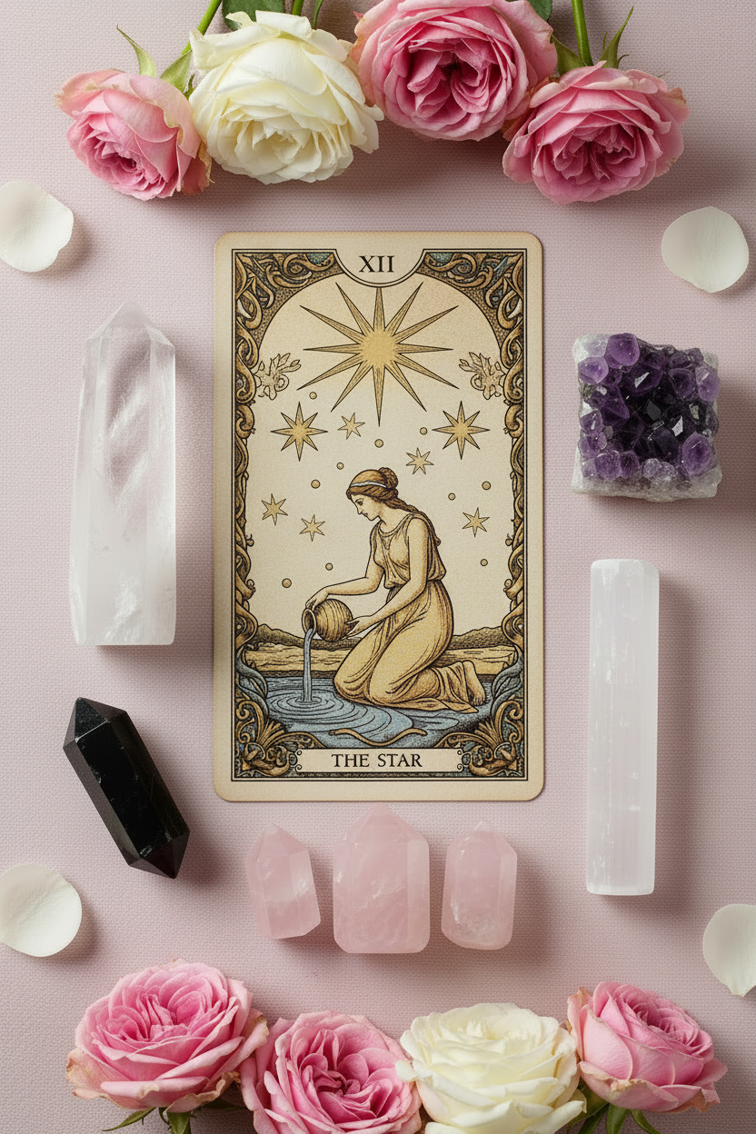 The Star tarot card portrait flat lay with crystals and roses