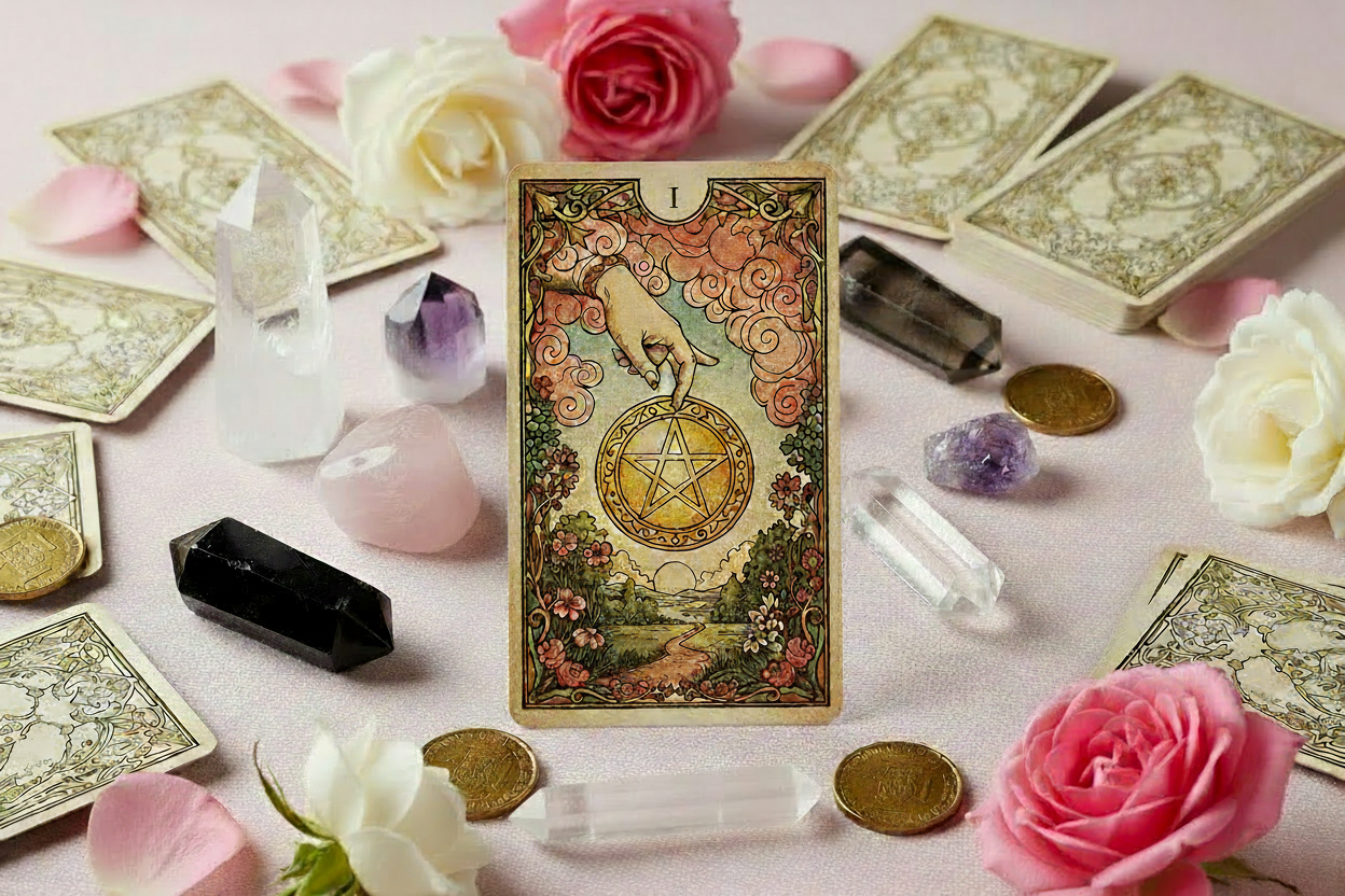Ace of Pentacles tarot reading with crystals - landscape