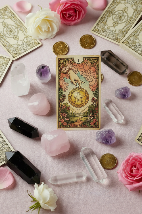 Ace of Pentacles tarot reading with crystals - portrait