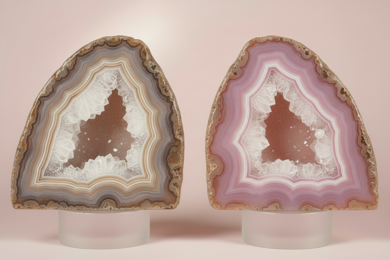 Soft Brown and Vivid Pink Agate Geodes on Pink Background