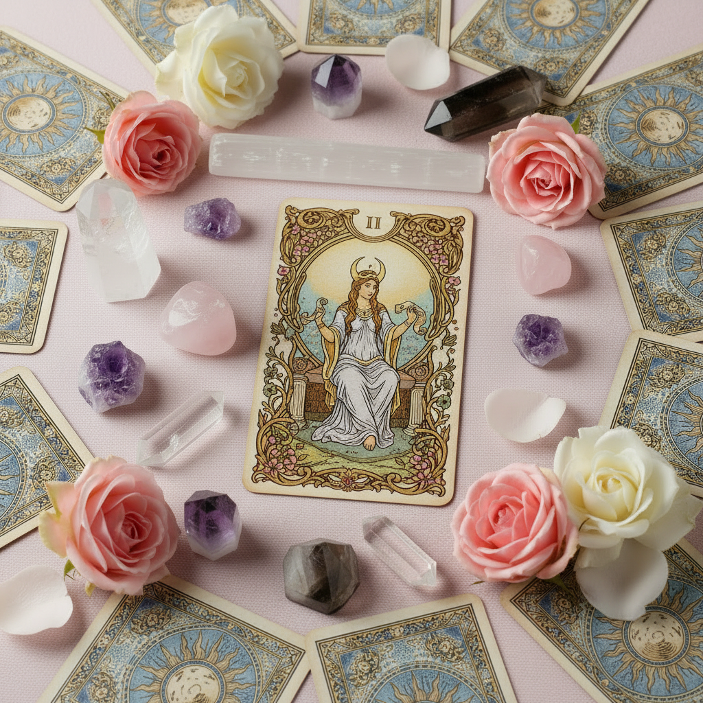 The High Priestess Tarot Crystal Flat Lay
